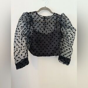 Zara puff sleeve polka dot black cropped organza top size M
